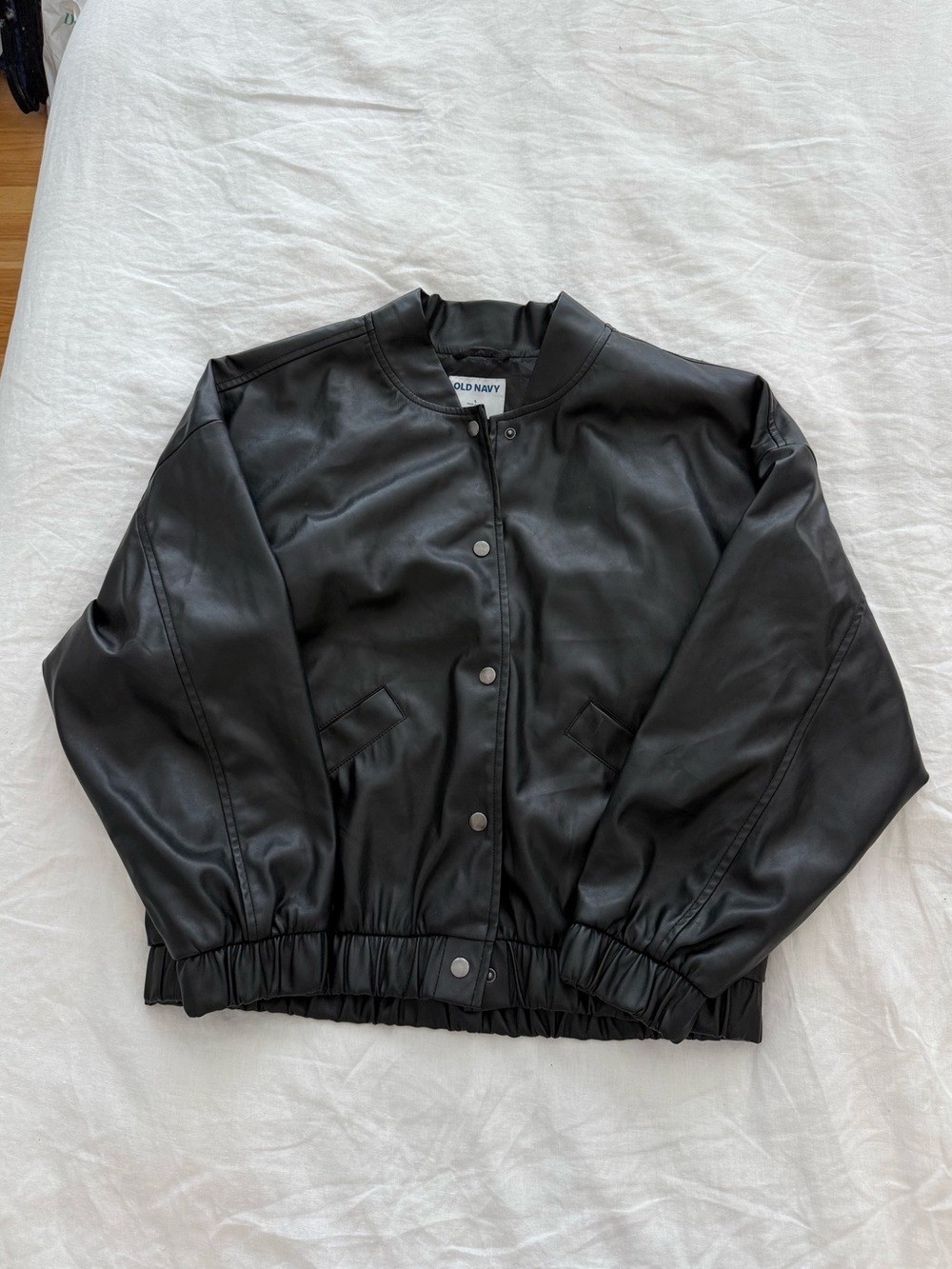 Old Navy Black Faux Leather Bomber Jacket with Snap Front